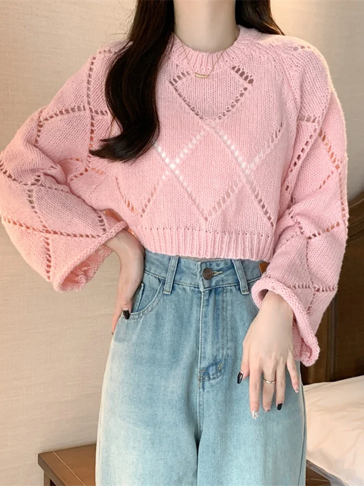 

Sexy Cropped Sweater Women Fashion Hollow Out Loose Knitted Tops Korean Casual Long Sleeve Chic Female Sweet White Jumpers