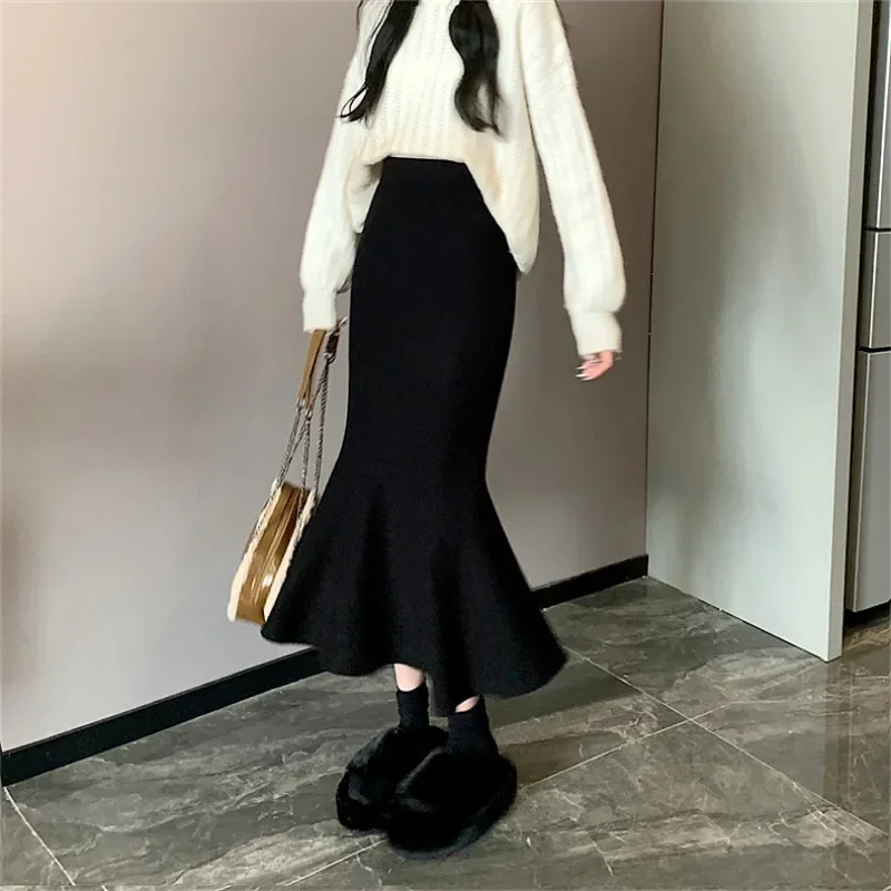 Zwarte Midi Rokken Vrouwen Herfst Winter Gebreide Zachte Faldas Fishtail Temper All-Match Streetwear Mode Koreaanse Stijl Elegant