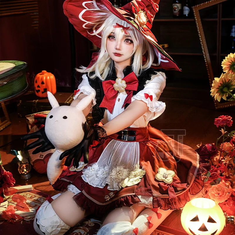 In Stock Game Genshin Impact Cos Klee Cosplay Cute witch Outfit blossom Star Candle Halloween for Women Costume A