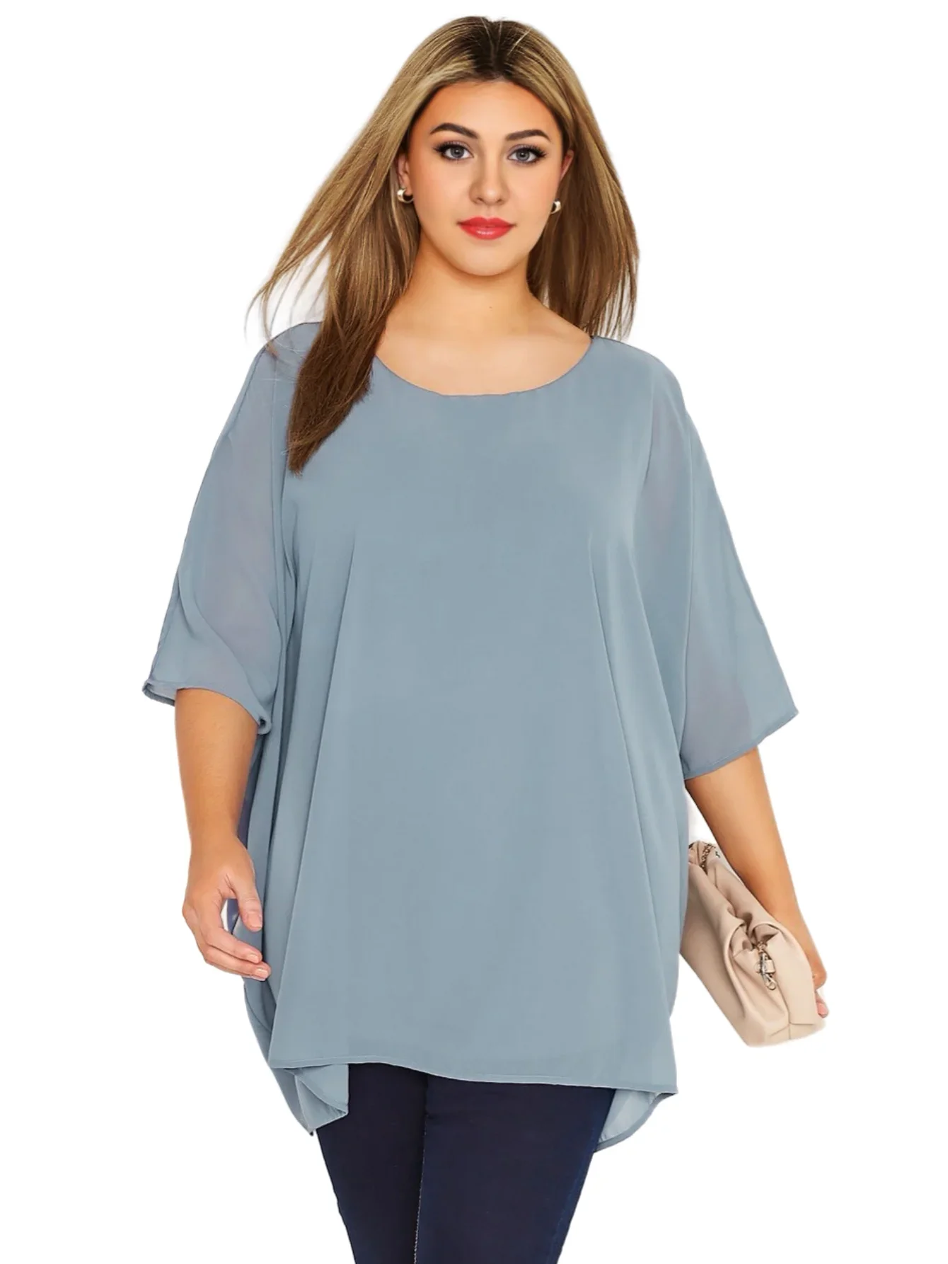 Blusa elegante de talla grande para mujer, blusa de gasa de gran tamaño con manga de murciélago y cuello redondo, camiseta tipo túnica informal de