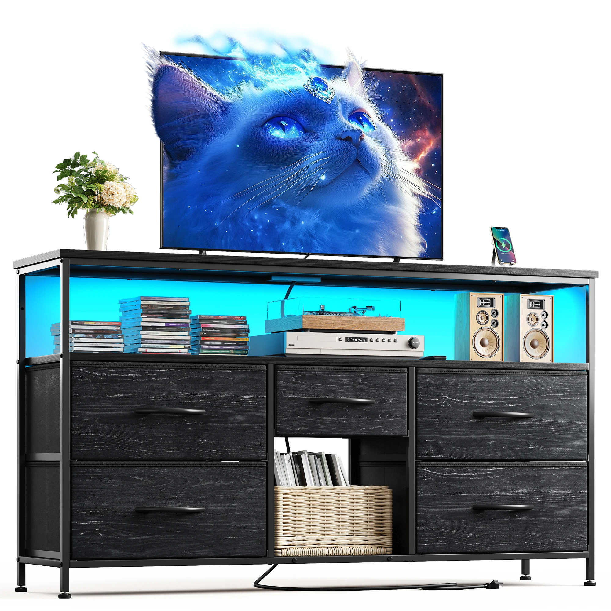 EnHomee 5‑Drawer TV Console with LED Accent Lights – 45/50" Compatible, Metal Frame, Leveling Feet, Scratch‑Resistant Top, Quick Assembly – Spacious Shelves + Fabric Drawers – Ideal for Dorm, Apartment, Living Room Use