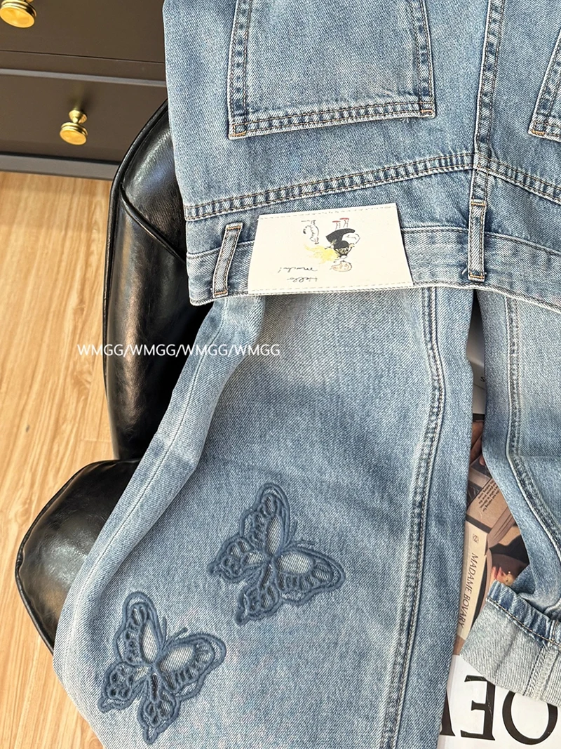 

Синие джинсы с бабочкой в стиле ретро, женские повседневные прямые джинсовые брюки с высокой талией, корейские тонкие широкие брюки для поездок на работу