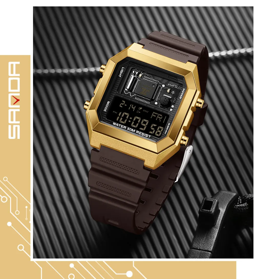 SANDA العلامة التجارية SD6216 ساعة الذكور والإناث ساعة إلكترونية جديدة مربعة متعددة الوظائف ساعة العد التنازلي