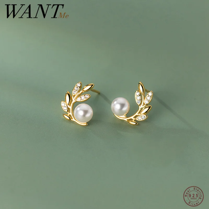 

WANTME 925 Sterling Silver Pavé Shiny Zircon Leaves Synthetic Pearl Stud Earrings for Women Fashion Korean Chic Party Jewelry
