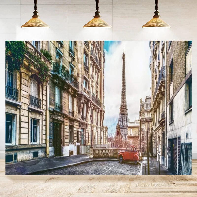 

Eiffel Tower Photography Backdrop Europe Alley Car Romantic France Paris Old Retro Shoot Background Banner