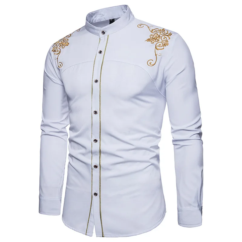 Western Cowboy Embroidery Shirts Men Casual Long Sleeve Slim Fit Shirt Male Wedding Party Social Men\'s Club Prom Chemise Homme