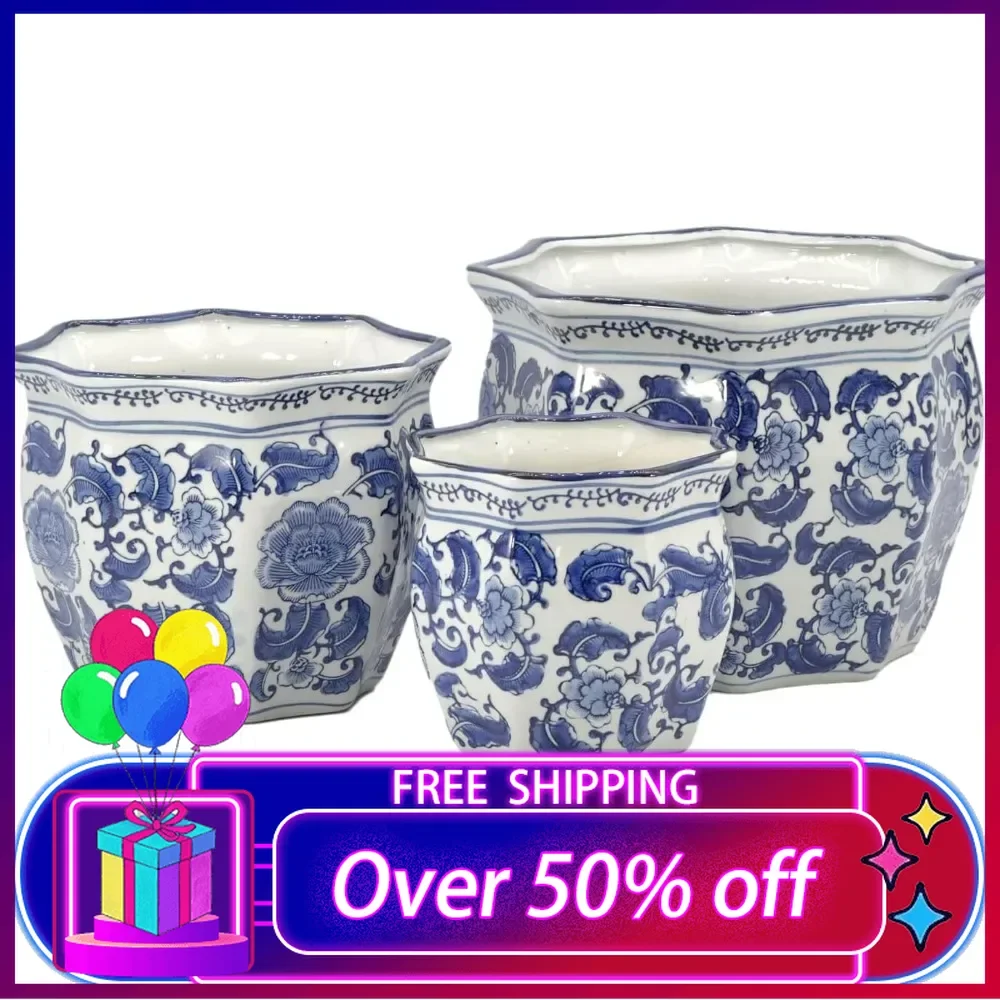 

Blue & White Round Fluted Classic Floral Porcelain Ceramic Plant Flower Planter Pot Set of 3 Garden Pots Chinese Asian Design