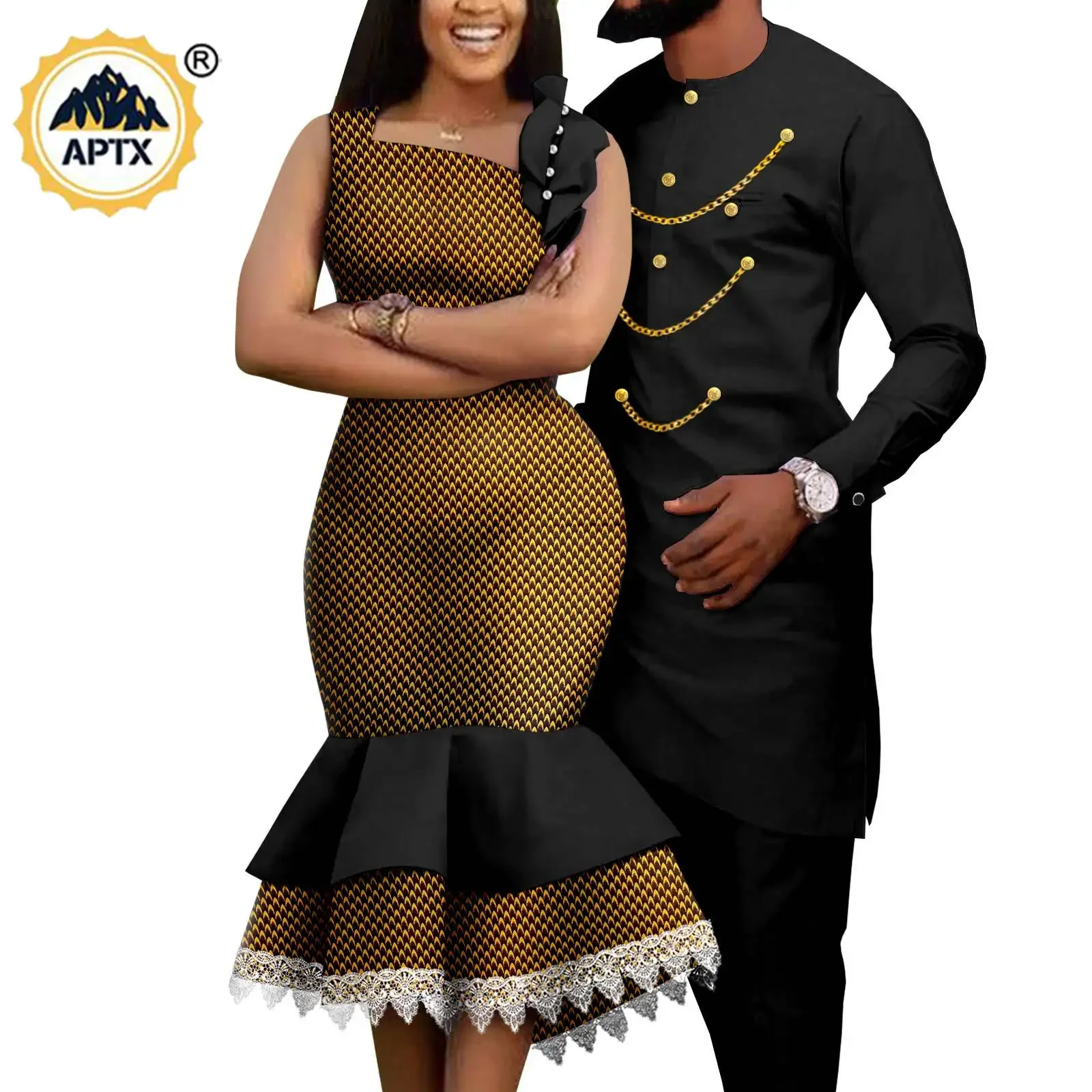 Dashiki African Slim Dresses for Women Matching Couple Outfits Men Chain Shirts and Pants Sets Wedding Party Clothes Y23C039