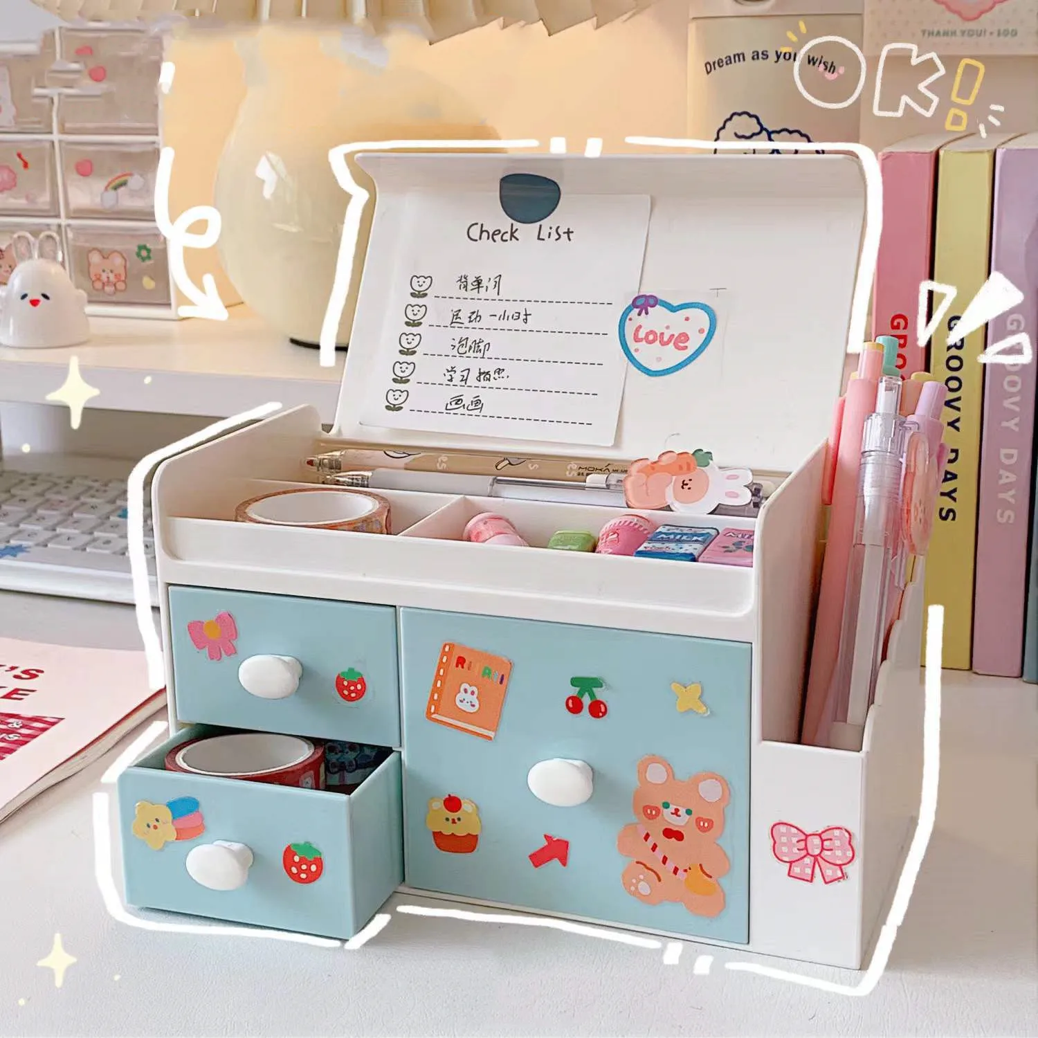 

New Arrival Multifunctional Desktop Drawer Organizer Cute Abs Pen Holder Bookends Desktop Storage Box School Stationery