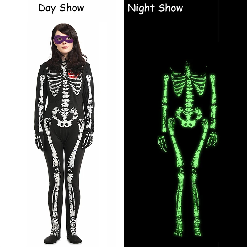 Women's Halloween cosplay party costume with bat skull pattern, back zipper jumpsuit, gloves, and eye accessories