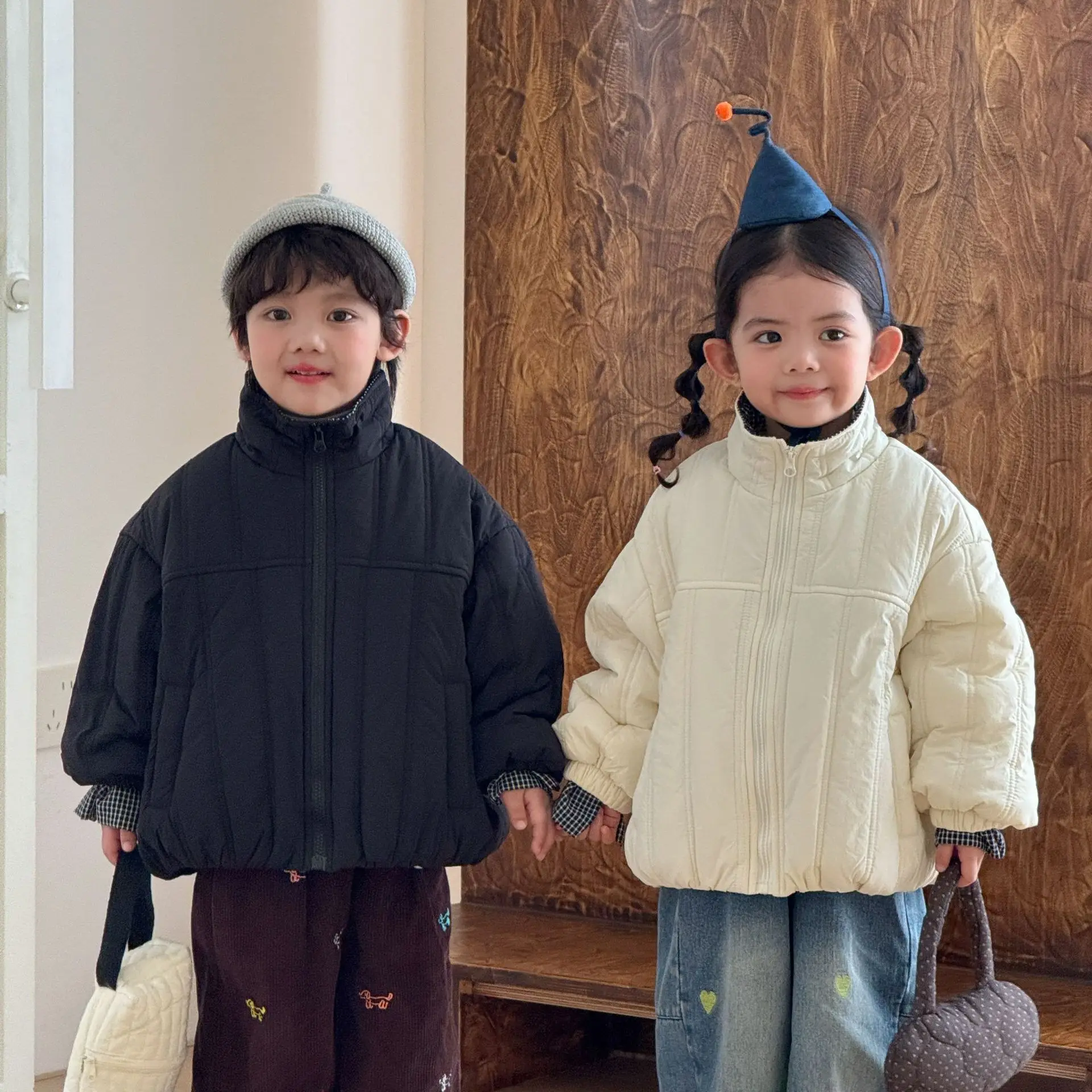 2026 Winter New Children Quilted Jacket Girls Fleece Coat Plus Velvet Thick Boys Cotton Padded Jacket Solid Kids Clothes