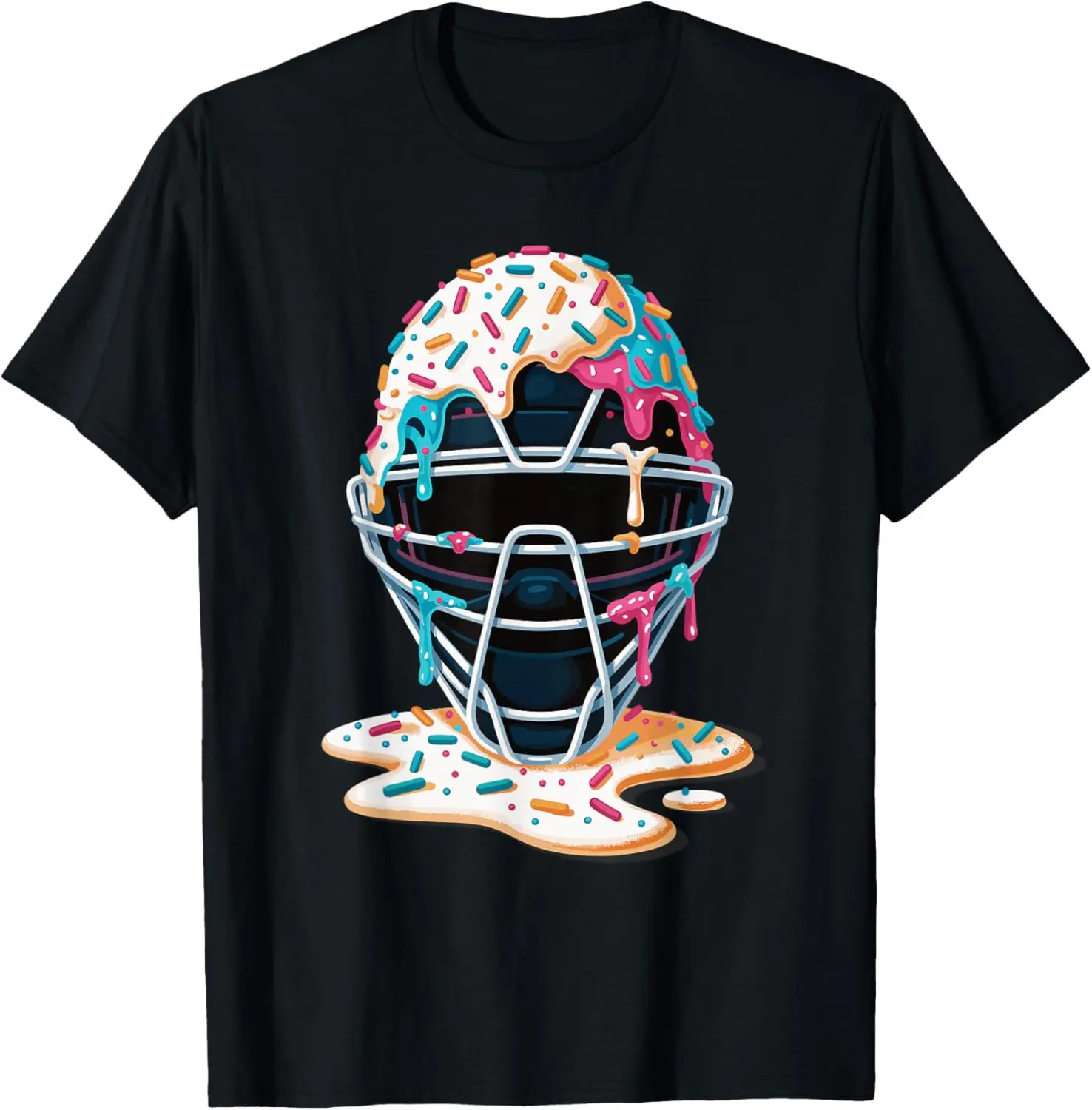 Baseball Catcher Mask Dripping Ice Cream Sprinkles Graphic Tee Soft Cotton Short Sleeve Shirt Men