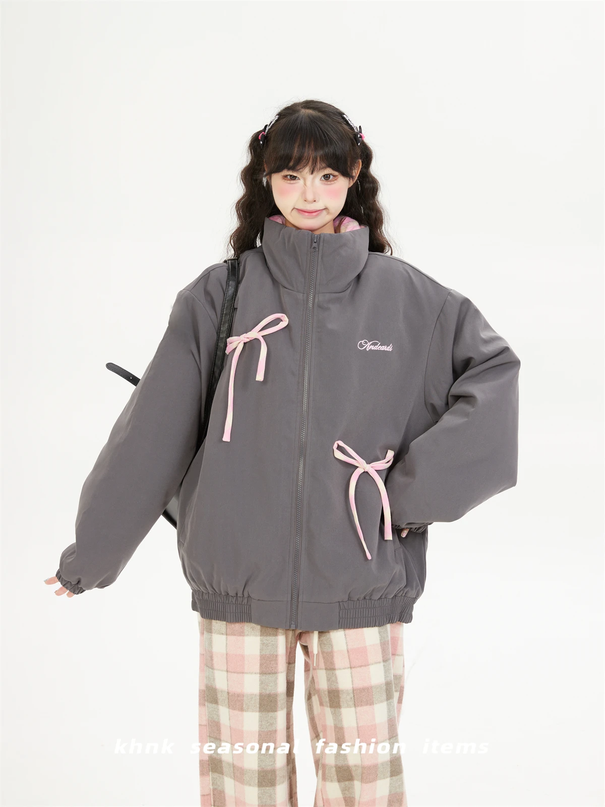 Premium Bow Plaid Splicing Stand-up Collar Jacket Cotton-padded Clothes Women Winter Loose Thickened Loose Cotton Clothes Jacket