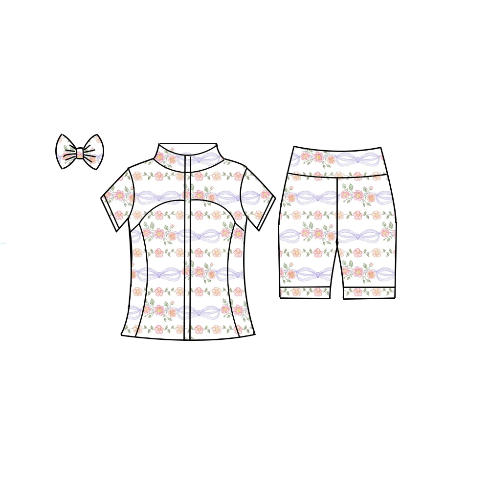 New Summer Outfit Zip-up Short-sleeved Top and Leggings Shorts Girls Boutique Set Paired with a Bow Headband