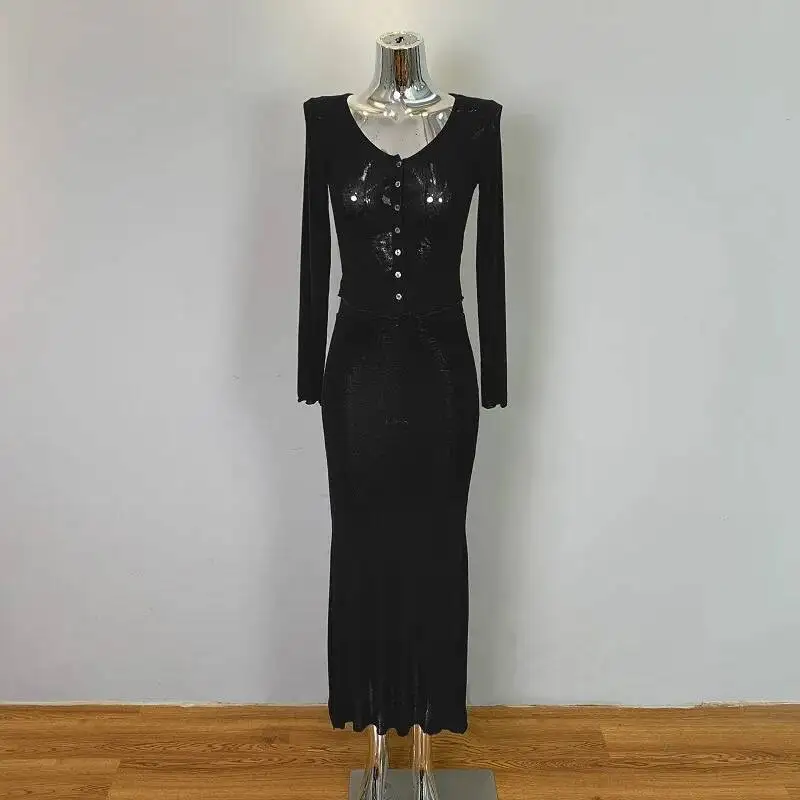 Korean Slim Sexy Chest-Enhancing Tight Short Long-Sleeve Cardigan + Mermaid Half Two Piece Skirt Set For Women Skirts Set LW8W