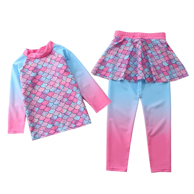 Jednorożec Mermaid Kids stroje kąpielowe dla dziewczynek z długim rękawem Rashguard spodnie legginsy skromny strój kąpielowy dla dzieci Beach Wear