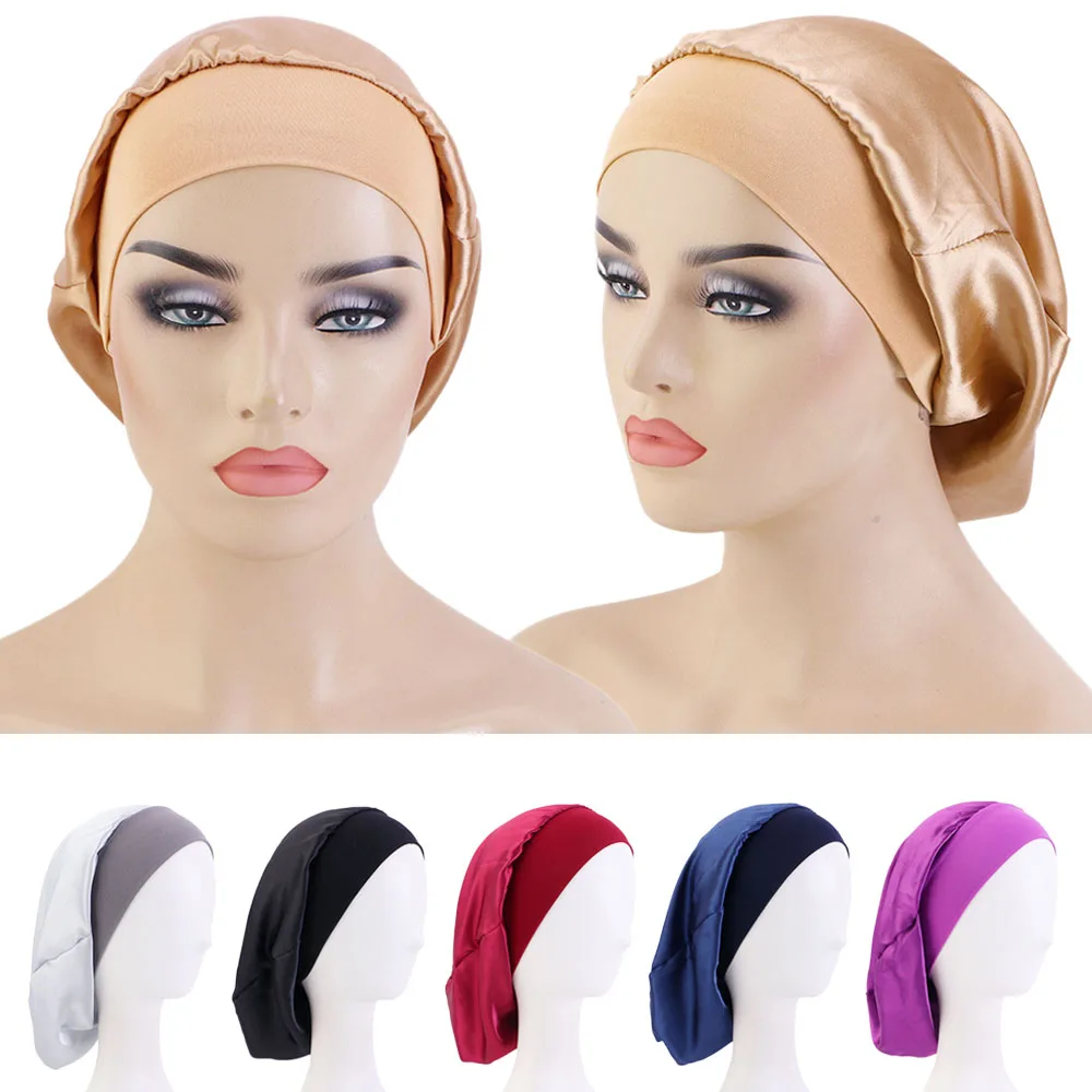 Satin Night Sleep Cap Women Silk Wide Band Turban Sleeping Headwear Chemo Caps Solid Color Hair Care Bonnet Hats Head Wrap Scarf