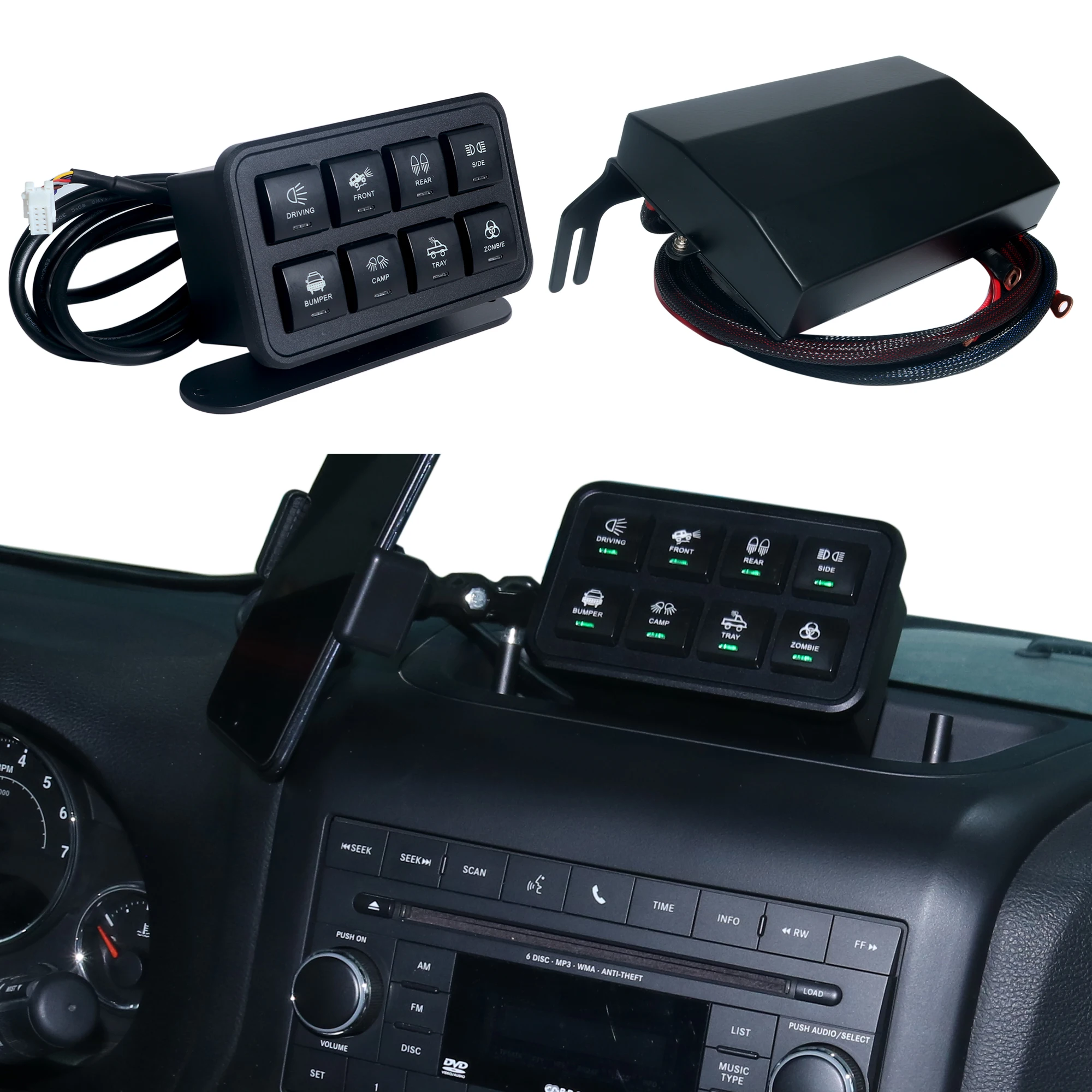 Black 8 Gang Switch Panel Power Control System for Jeep Wrangler JK JKU 2007-2018