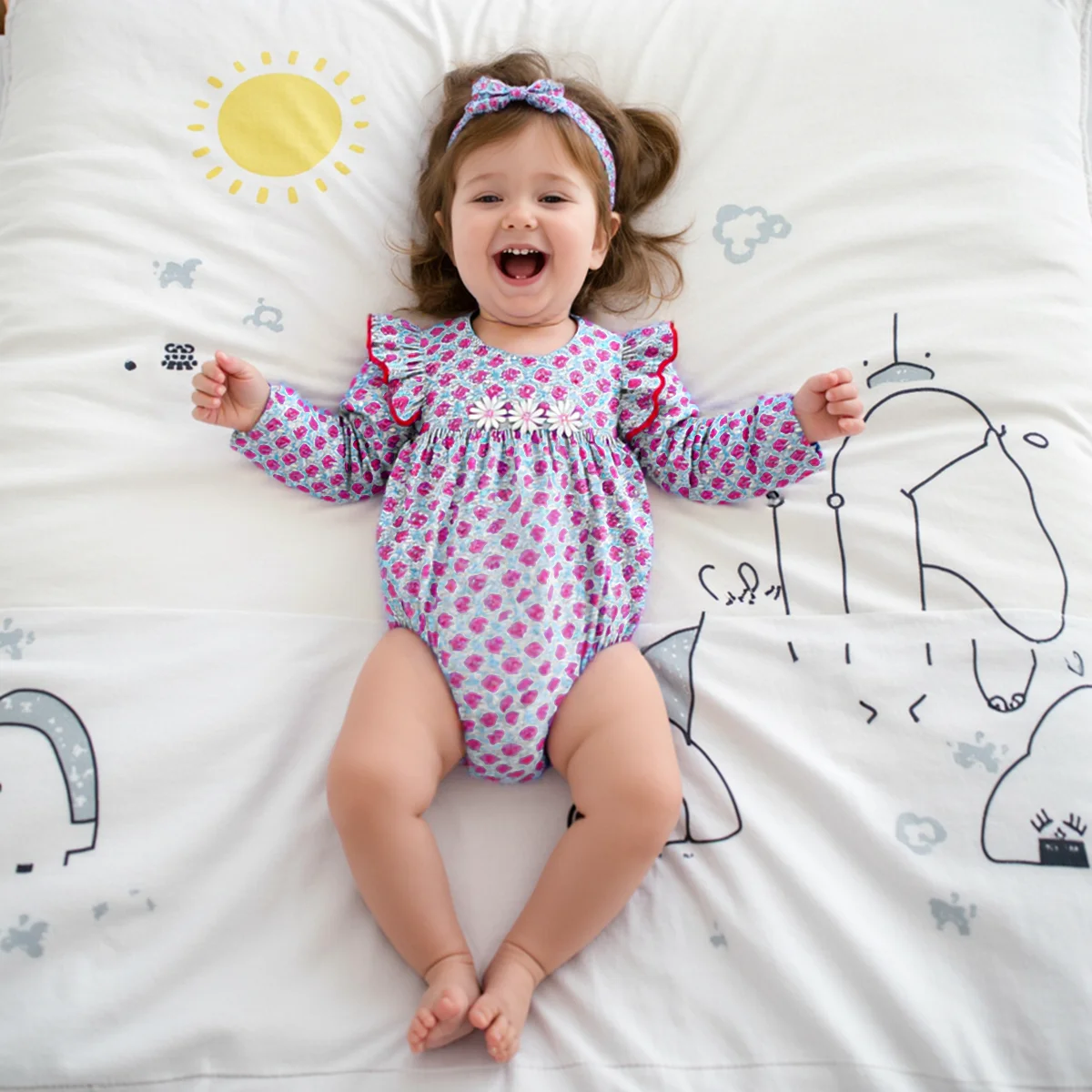 

Sanlutoz осенняя одежда принцессы для маленьких девочек, милые боди для младенцев с длинными рукавами и повязкой на голову с цветочным принтом