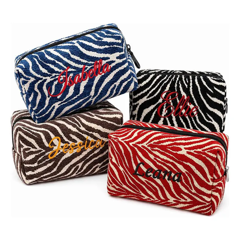 Zebra-patterned makeup bag, Korean style, large capacity, simple design, travel toiletry bag, color-block striped canvas