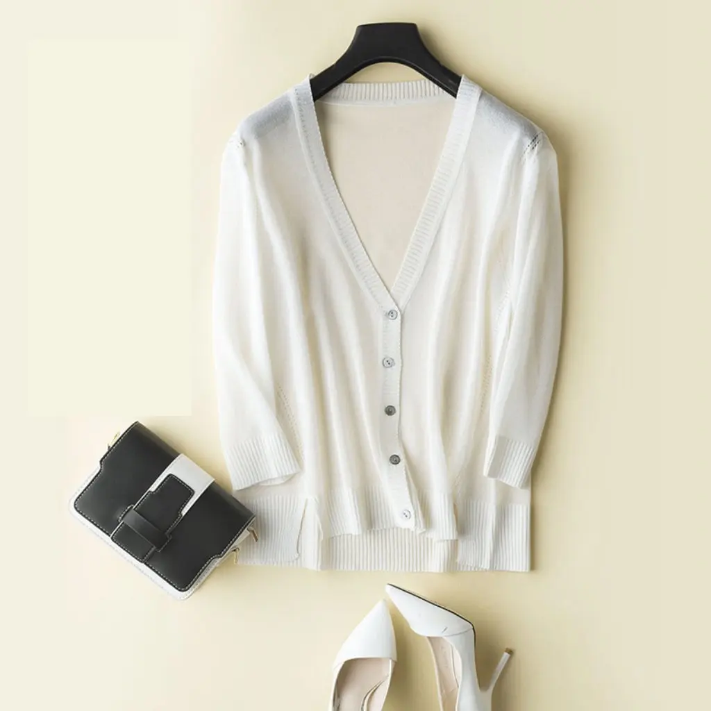

Large Size Spring Summer Knitted Cardigan Women's Thin Sunscreen Jacket Ice Silk Top Loose Air Conditioning Shirt
