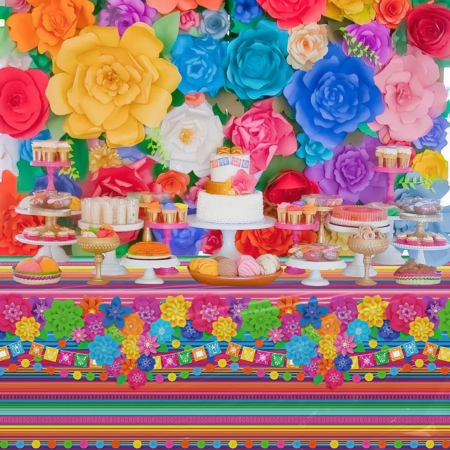 4 Pcs Mexican Fiesta Tablecloth Cinco De Mayo Plastic Table Cover Mexico Colorful Striped Paper Flower Table Cloth Mexican Holi