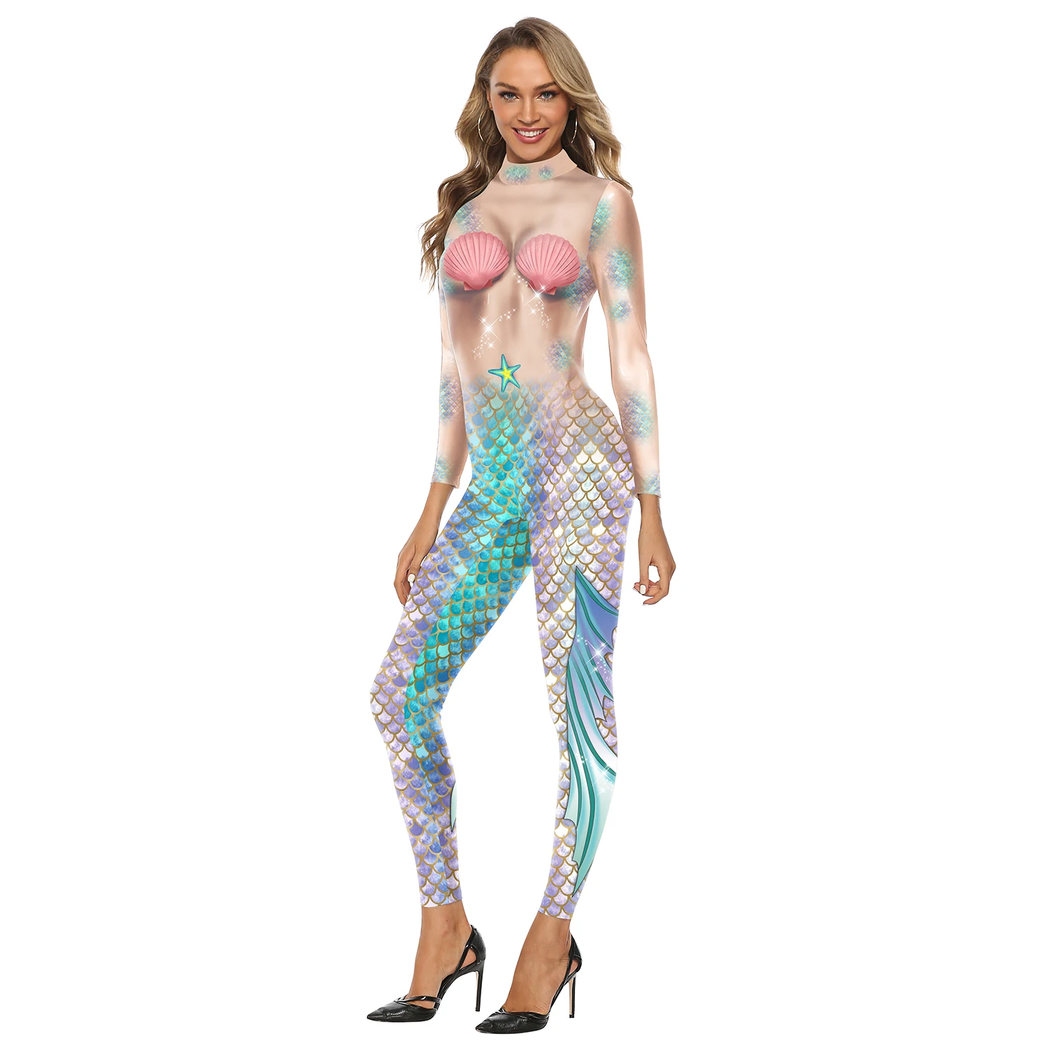 Zawaland Zeemeermin Cosplay Kostuums Vis Schaal Bedrukt Jumpsuit Vrouwen Zentai Bodysuits Sexy Party Spandex Halloween Carnaval Pakken