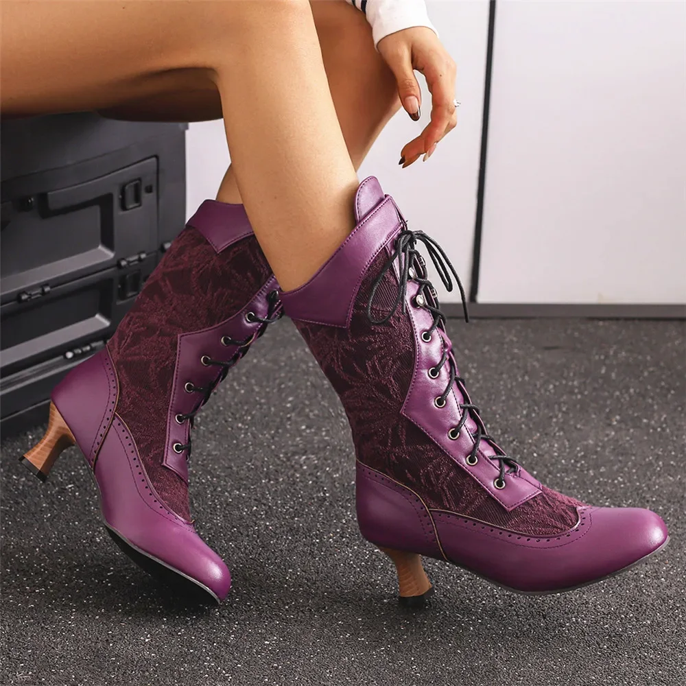 Vintage Block Heel Women Booties Victorian Pointed Toe Mid-Calf Boots Lace Up Strange Steampunk High Heels Purple Shoes 2024 New