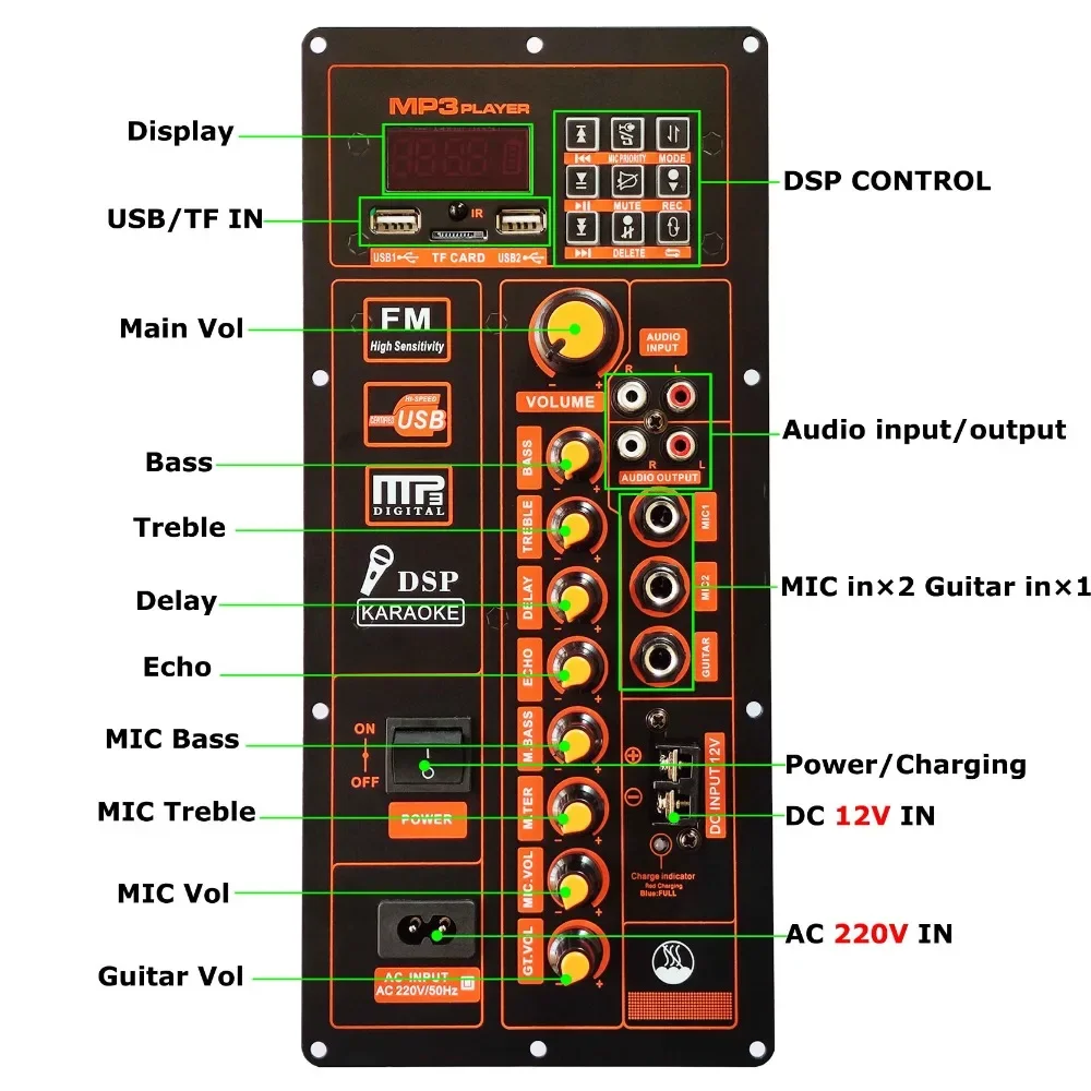 12V 110-220V Control Digital Bluetooth 120W Amplifier Board for 6-12 Inch Speaker with Microphone Guitar In Hifi Home Audio DIY