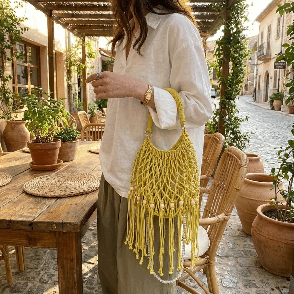 

Large Size Woven Beach Bag Tassel Detail Pearl Chain Strap Convertible Tote Bag Hollow Out Design Elegant Bohemian Crossbody Bag