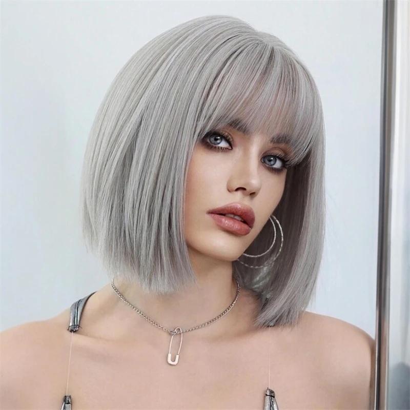 Silver Grey Natural Human Hair Wigs for Women Short Straight Remy Human Hair Wigs with Bangs 12 inch Bob Wigs For Women Daily