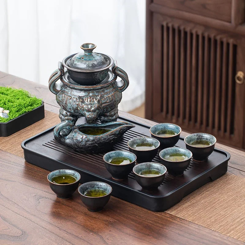 

1 Set Rotating Teapot, Ceramic Kiln-Turned Dragon Tripod-Shaped Teapot Set, Teapot with 8 Teacups,Tea Tray,Semi-Automatic Tea Se