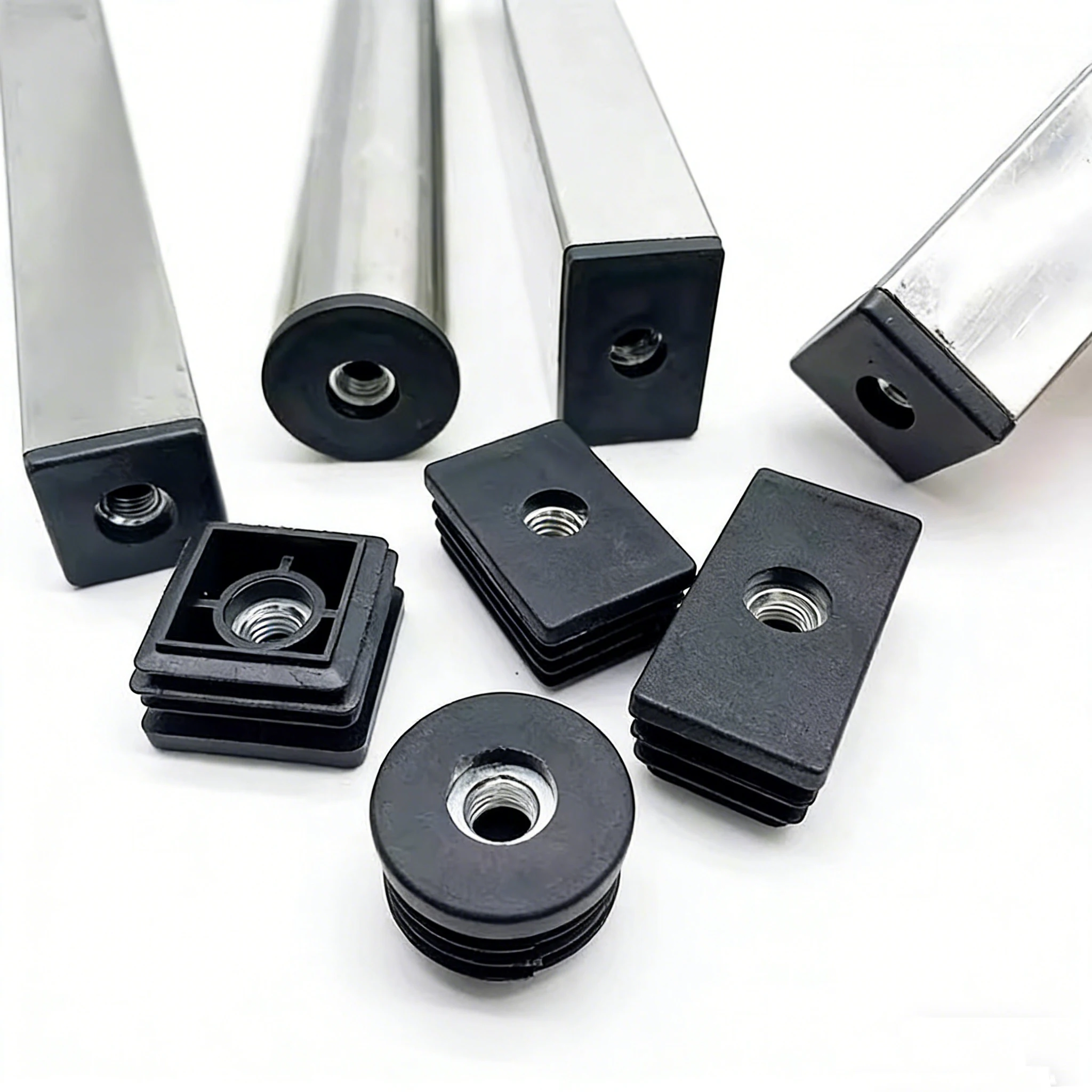 Beicai 15~50mm Black Square/Round Plastic Pipe Plugs Adjustable Screw Foot Pad With M6 M8 M10 Nut Hole Blanking End Inserts Caps
