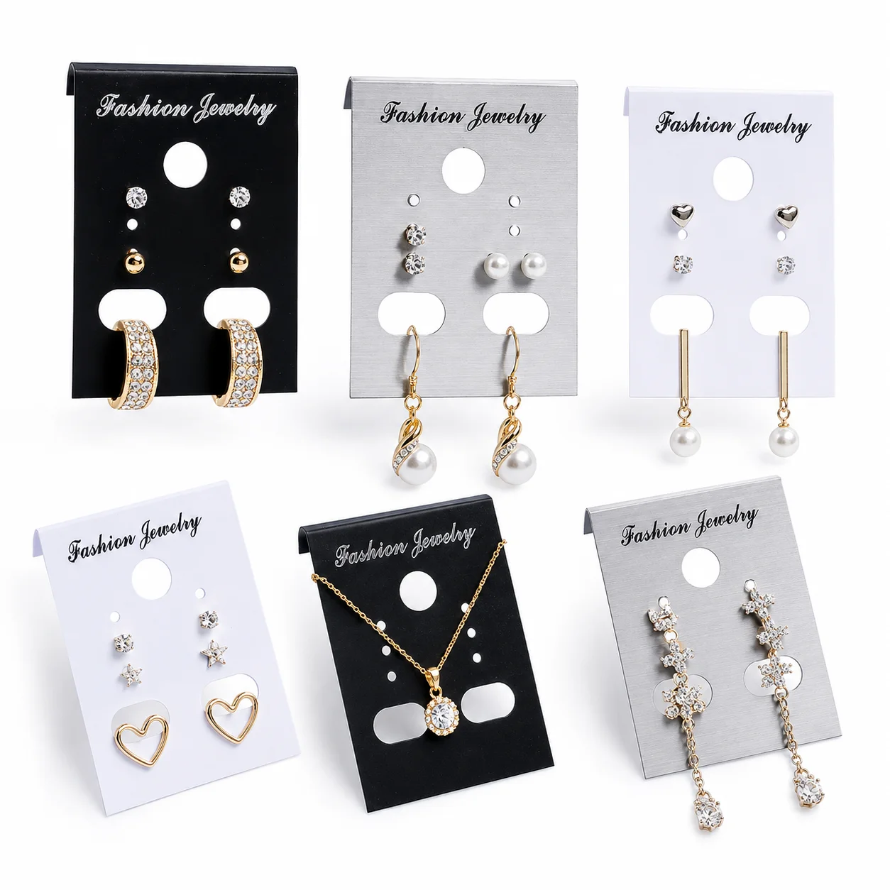 50 Stück PVC-Ohrringkarten, poröse Aufbewahrungs- und Präsentationskarten mit der Aufschrift „Modeschmuck“, bedruckte Plastiktafeln für Ohrringe und Halsketten im Einzelhandel. – Detail 1