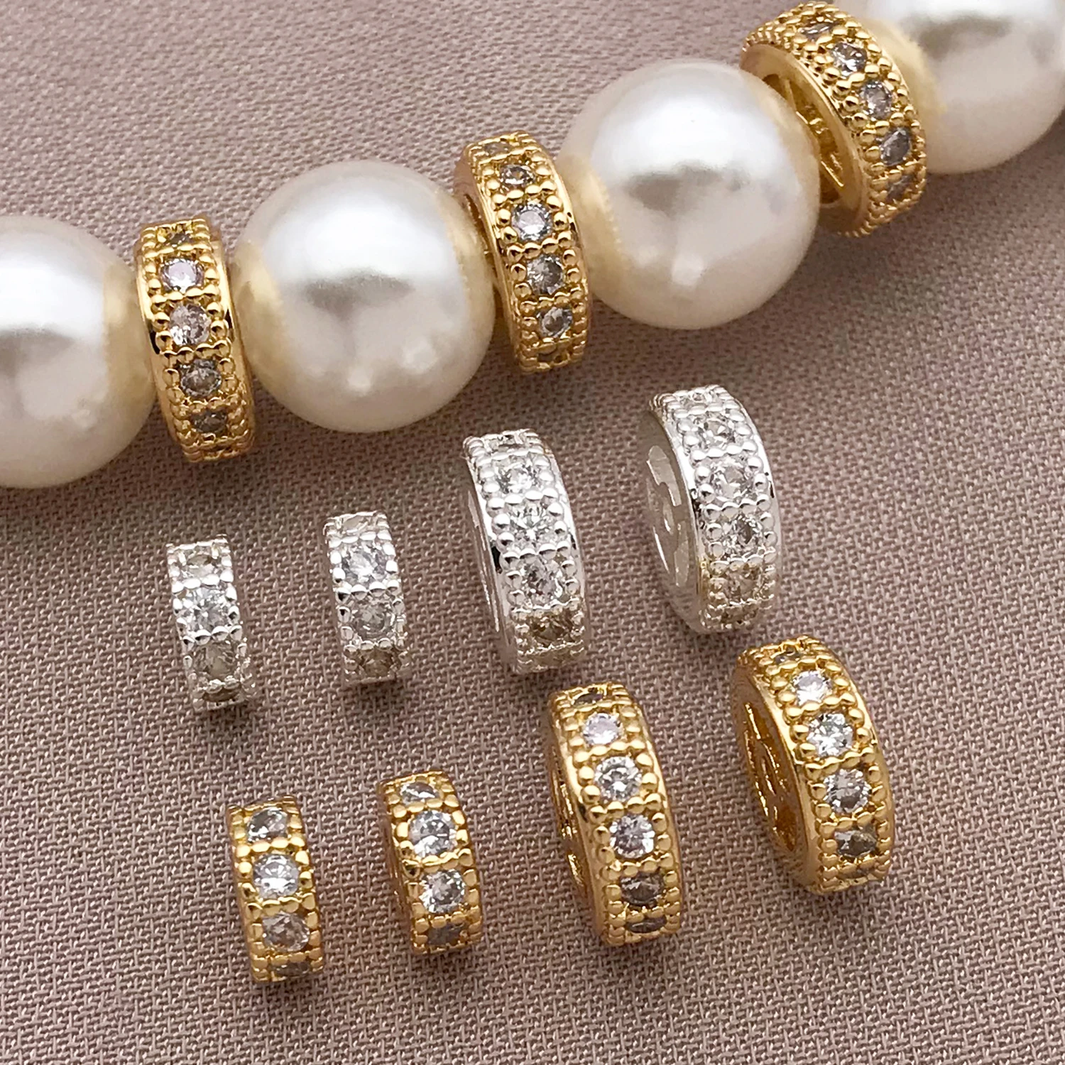 Mix 3 Pieces of 18K Copper Plated Real Golden Thick Silvery with Zircon Wheel Spacer, DIY Jewelry Making Accessories