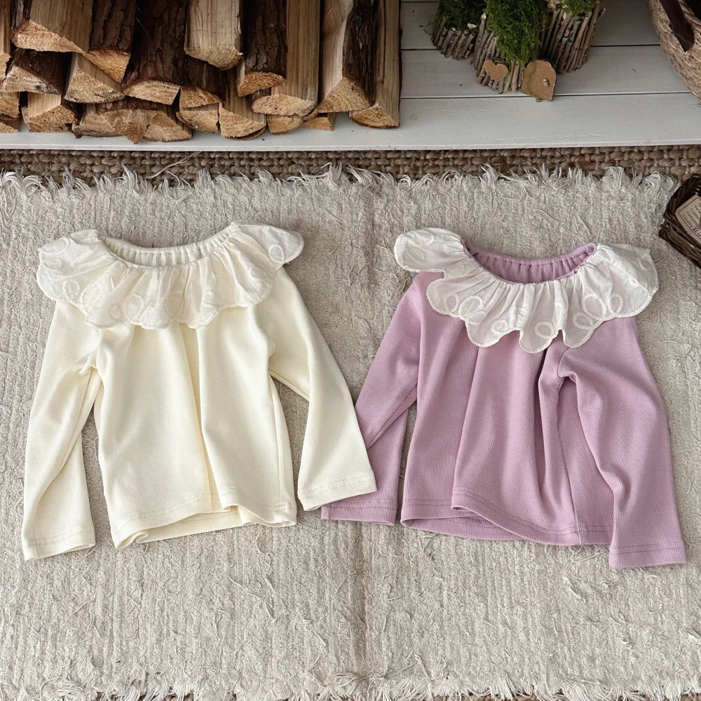 2026 Autumn New Baby Long Sleeve T Shirts Girls Large Lace Collar Bottoming Shirts Cotton Toddler Sweet Tops Infant Clothes