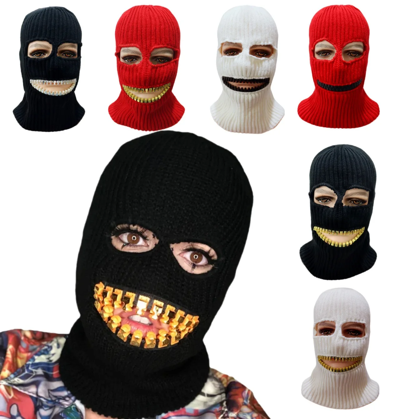 Grenzüberschreitende neue große Goldzahnmaske Kopfbedeckung gestrickte warme Wollmütze lustige Sturmhaube mit Reißverschluss