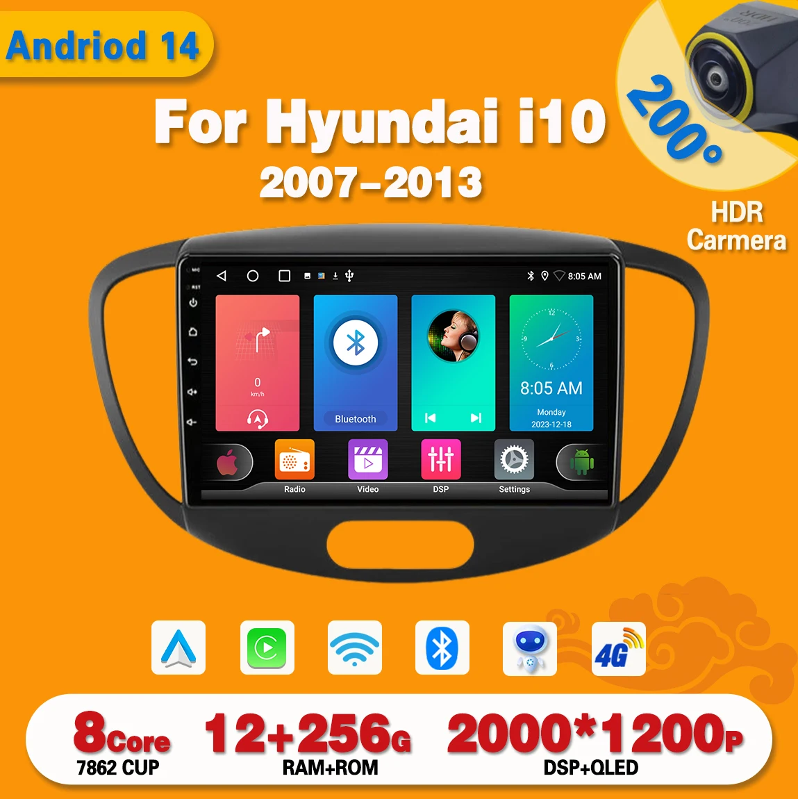 

Автомобильный радиоприемник Carplay Android для Hyundai i10 2007-2013, мультимедийный видеоплеер, сенсорный экран, навигация, GPS, авто стерео DVD