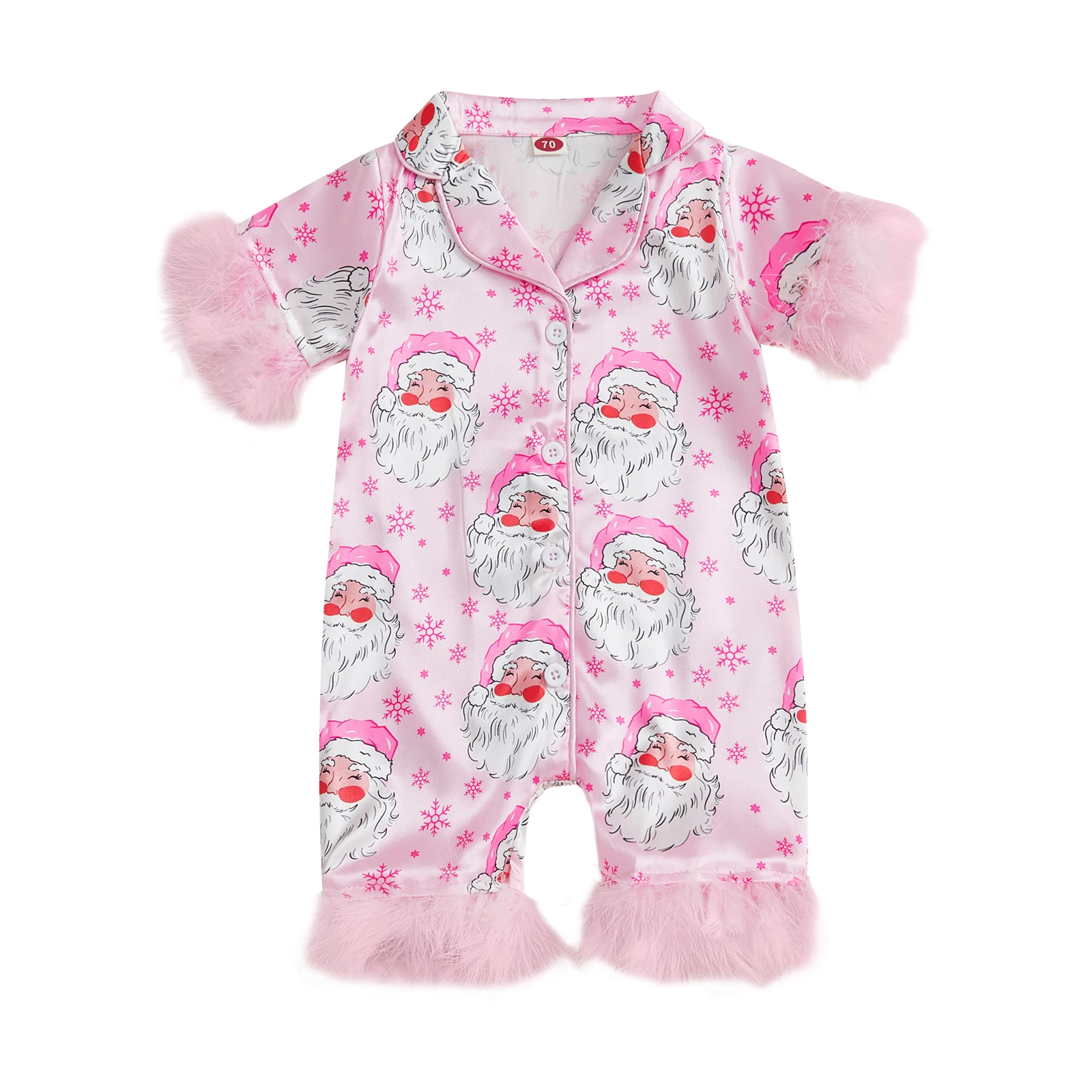 Pigiama natalizio per neonata, finiture in peluche, stampa di Babbo Natale, abbottonatura, maniche corte, tuta per indumenti da notte