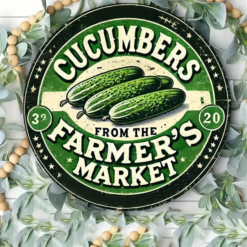 1pc 2D Panel Farm Market Cucumber Metal Aluminum Sign- Vintage Round Wall Decor with 