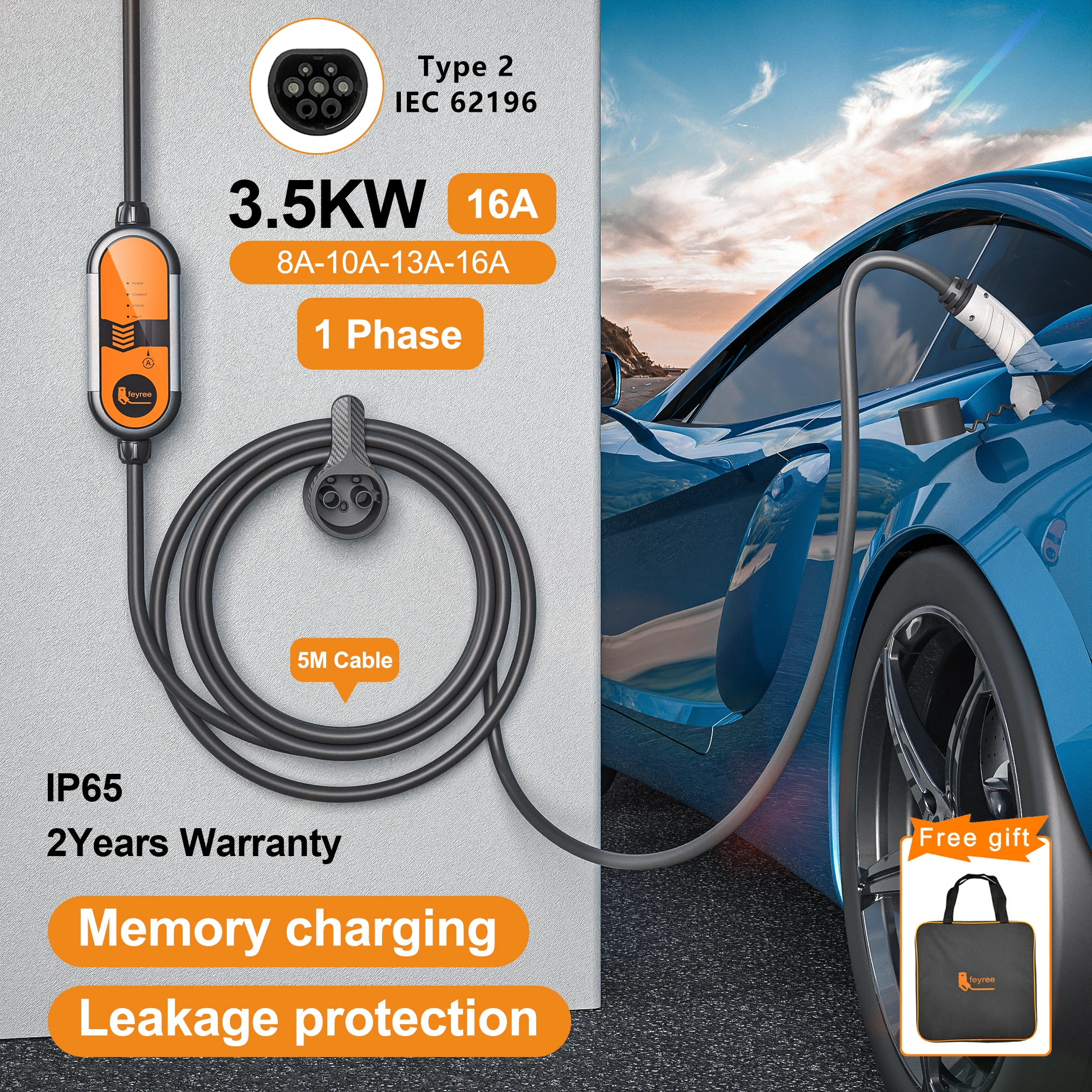 feyree Type2 EV Portable Charger 16A 3.5KW Single Phase Current Adjustable Charging Cable 5m with Schuko Plug for Electric Car