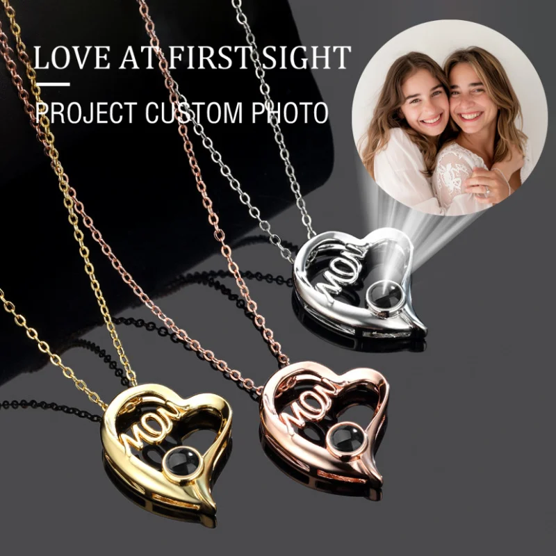 Collar de proyección de fotos en Color personalizado, cadena de acero inoxidable, colgante de corazón oblicuo para mujer, regalo de cumpleaños para el día de la madre