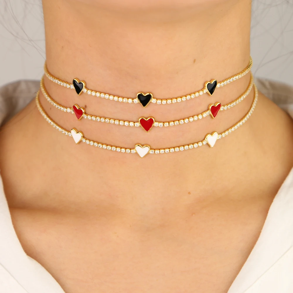 Valentine\'s lover girlfriend gift red black white enamel lovely heart charm cz tennis chain choker fashion trendy necklace women