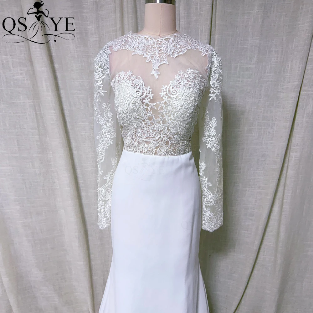 Long Sleeves Ivory Lace Mermaid Wedding Dresses Illusion Appliques Lace Bodice Bridal Wedding Gown