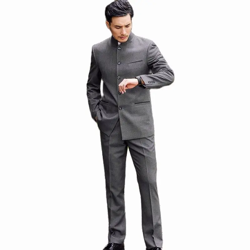 

Latest Design Indian Style Men's Stand Collar Suit Jacket Pants Classic Design Groom Gray Wedding Dress 2 Pieces Terno Masculino