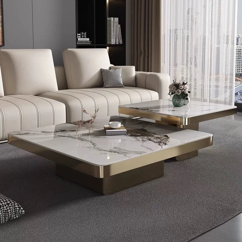 xc-Modern Living Room Metal Frame Slate Top Coffee Table Hotel Villa Luxury Square Golden Coffee Table Set Furniture*
