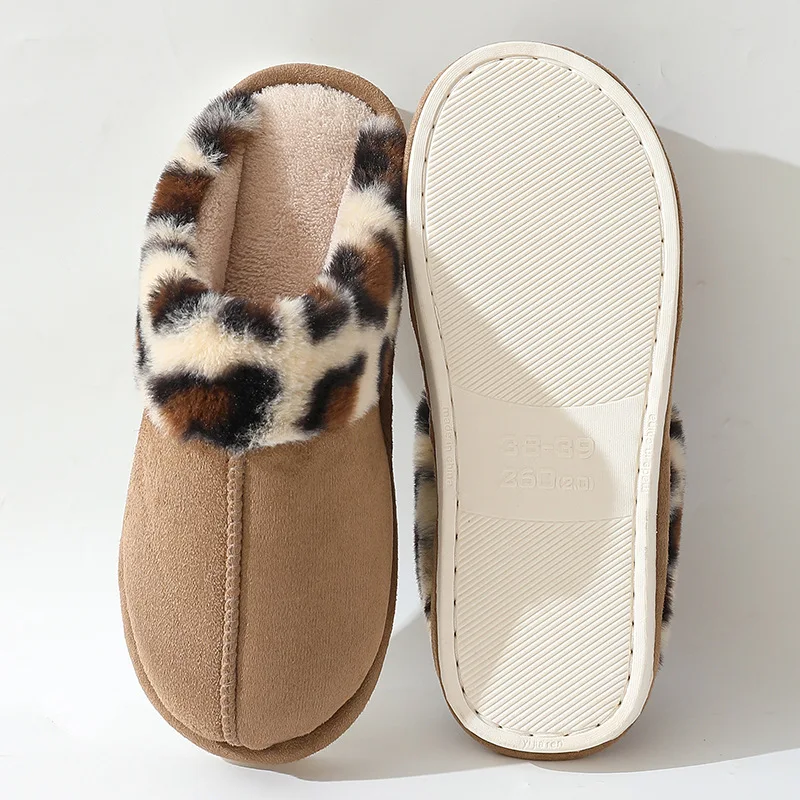 Leopard Print Faux Fur Indoor Floor Slippers Women Winter Warm Plush Home Slides Woman Comfort Non Slip Flat Bedroom Slippers