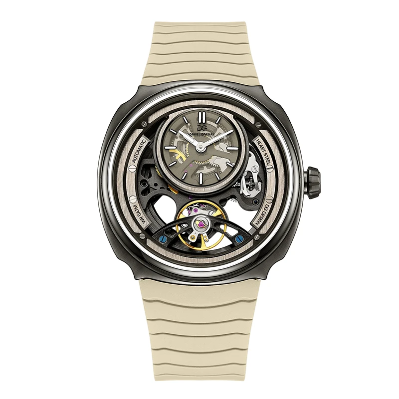 Daniel Gorman Men Automatic Mechanical Watch 5ATM Waterproof Skeleton Hollow Dial Silicone Strap Sports Wristwatch