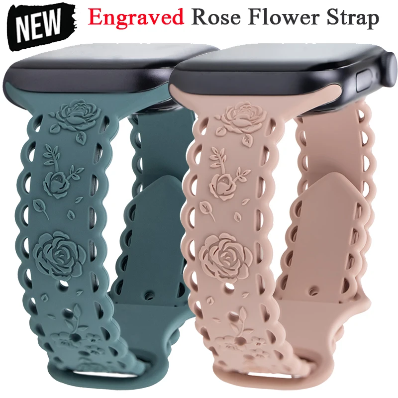 

Floral Engraved Strap For Apple Watch Band 40 44 41mm 49mm 45mm 38mm 42mm Silicone bracelet for iwatch series 9 7 se 6 8 ultra 2