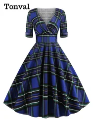 Tonval Plaid High Waist Tartan Vintage Half Sleeve Spring Dress Women V-Neck Elegant Party Rockabilly Cotton Midi Dresses